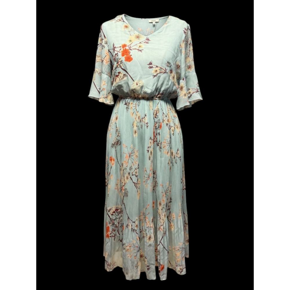 Classy Women’s M Floral Print Maxi Dress Light Blue V-Neck Ruffle Sleeve Pleated